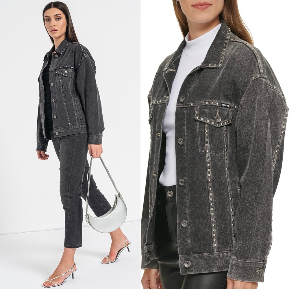NWT DKNY Rigid Denim Studded Dark Wash Grey Black Women’s Jean Jacket - Size: XL